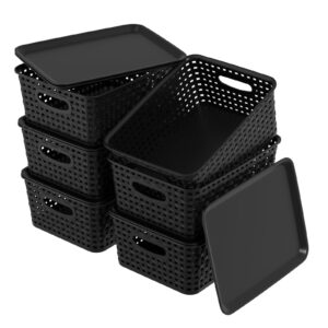 waikhomes 6 pack plastic storage baskets bins with lid, stackable lidded storage containers for organizing, black