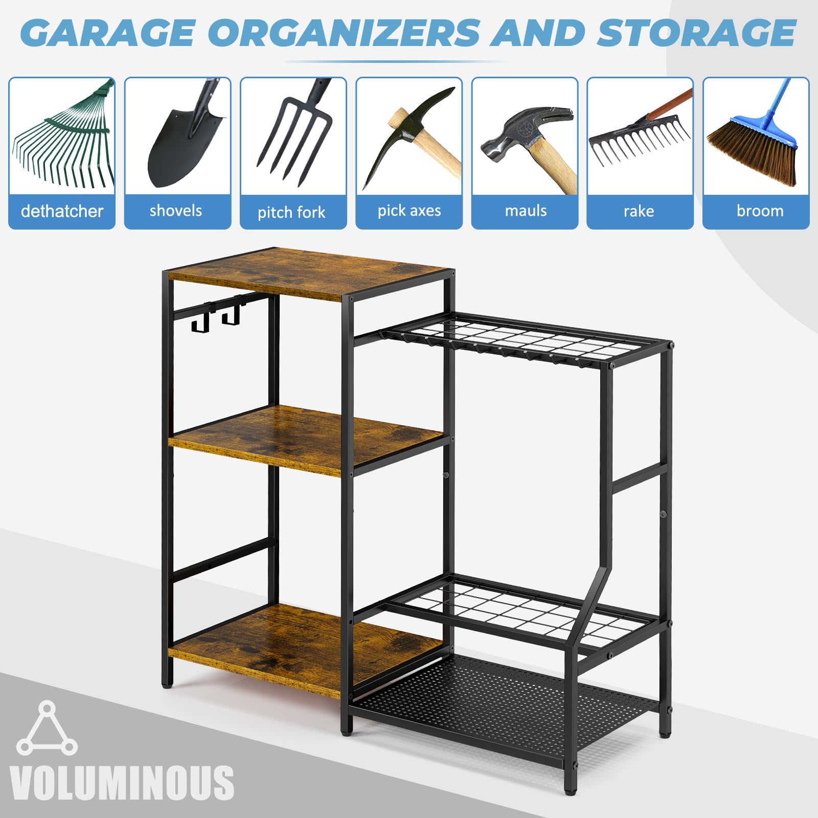 DAOUTIME Garden Tool Organizer with 3-tier Shelves, Yard Tool Organizer for Garage with 2 Hooks, Up to 21 Long-Handled Tools, Sturdy Metal Steel Tool Holder for Garage, Shed, Home, Black