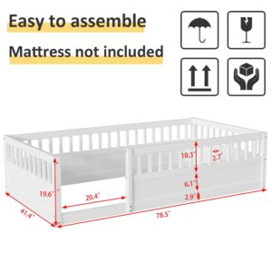 Twin Size Floor Bed with High Fence Rails, Solid Wood Montessori Floor Bed for Baby,Kids Twin Bed Frame for Girls, Boys, Floor Bed Without Slats as Kids Playground,White