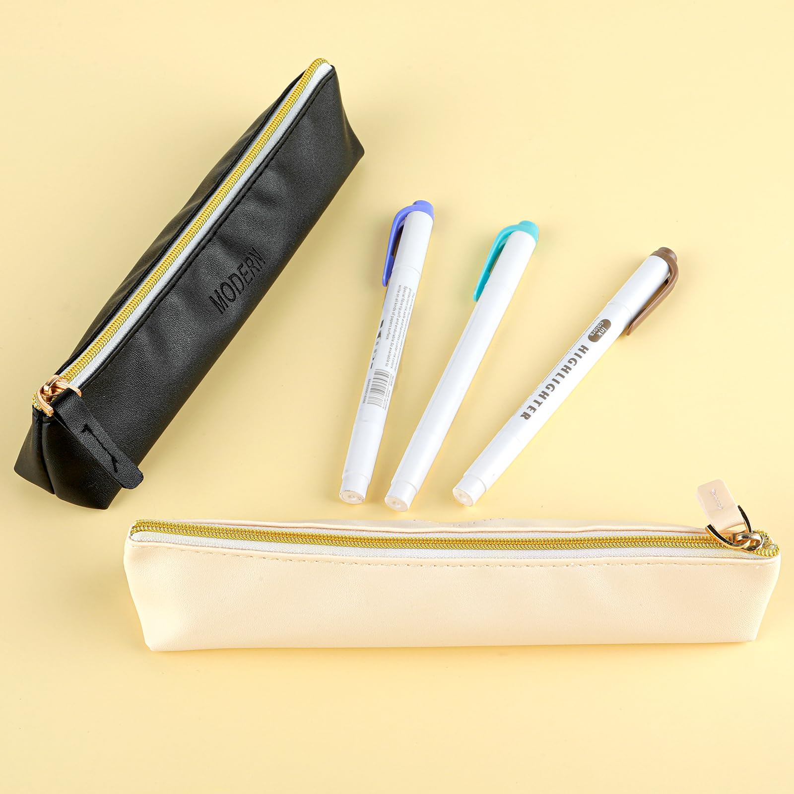 Gjinxi 2Pcs PU Leather Pen Pouches, Simple Cosmetic Makeup Pouch Bag, Slim Small Pen Case Bag with Zipper, Pouch Bag for Pens Markers