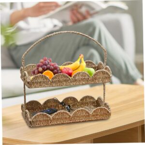 Seagrass Baskets 2 Layers Scalloped Basket Tray with Handle Rustic Decorative Woven Basket with Scalloped Edge Coffee Table Basket Organizer for Home Bedroom Living Room Organizing 15.6x7.9x9.8 Inch