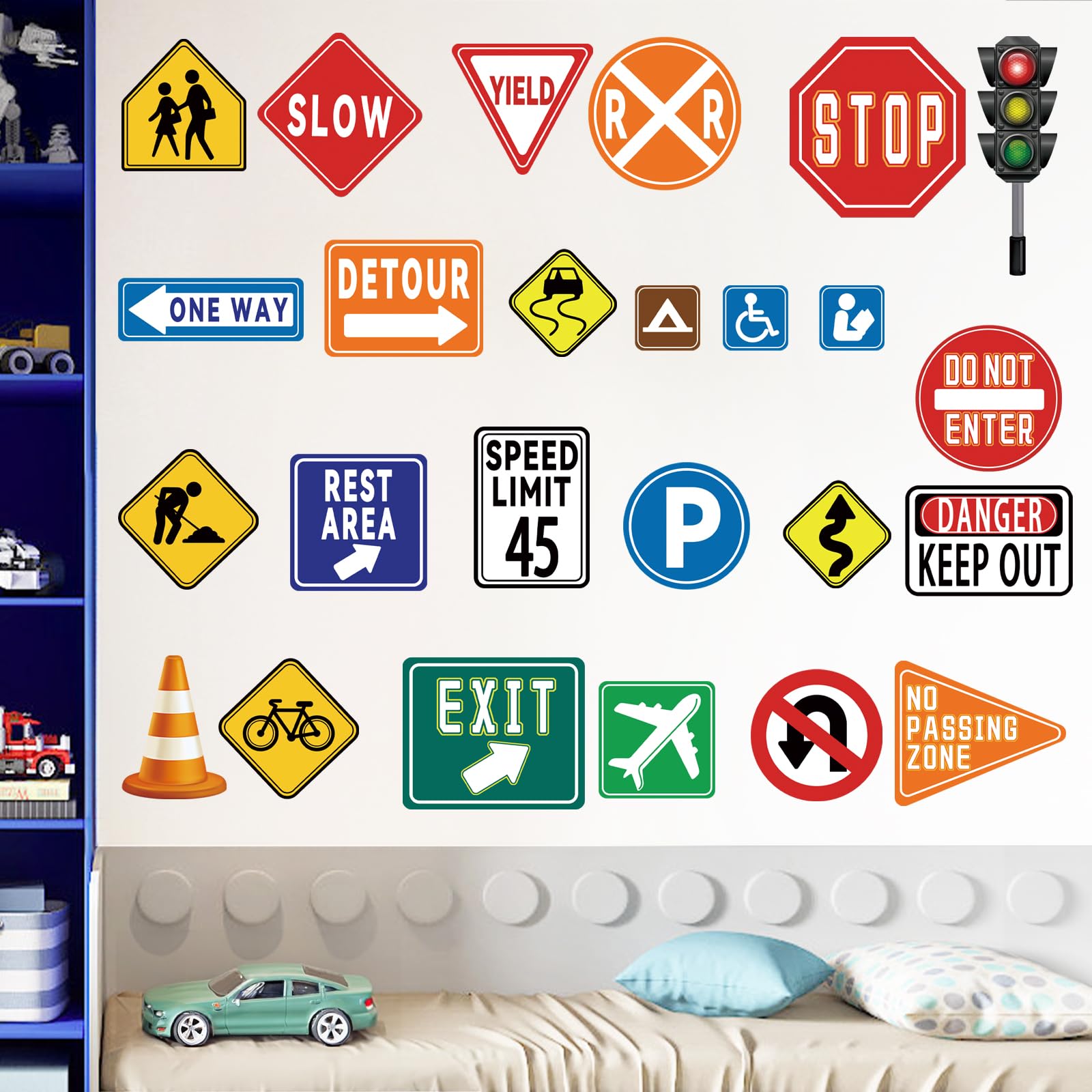 wondever 25 Pieces Traffic Road Signs Wall Stickers Stop Street Transportation Signs Peel and Stick Wall Art Decals for Kids Bedroom Classroom Playroom