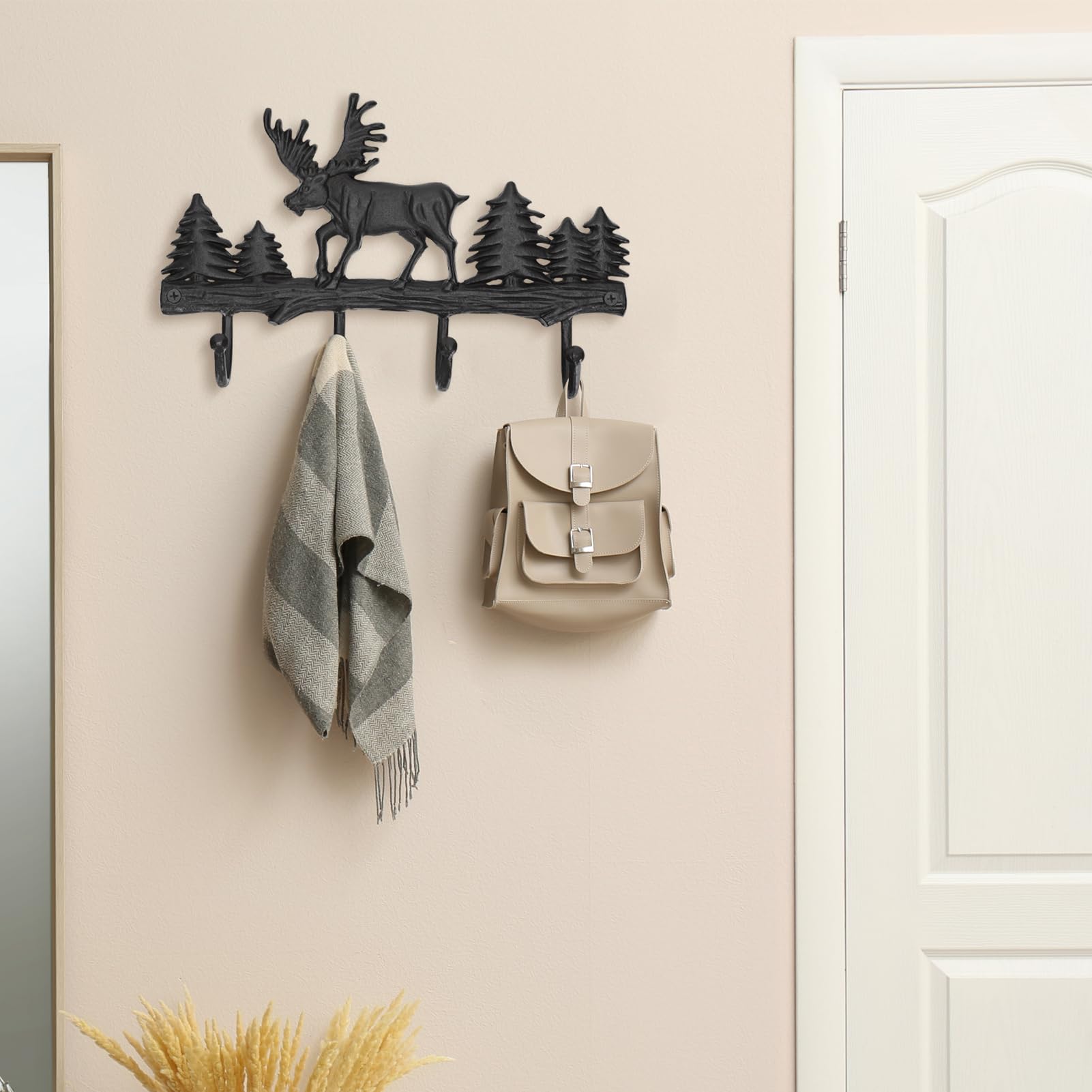 TECANA Heavy Duty Coat Rack Wall Mount - Cast Iron Moose Deer Coat Hooks Wall Mount | Black Decorative Wall Hooks for Entryway