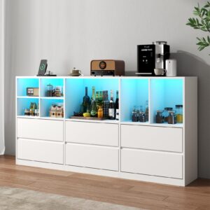 Gyfimoie White Dresser for Bedroom with 6 Drawers, Chest of Drawers with Led Lights&Charging Station, 63" Long Dresser with 7 Open Cubbies, Storage Drawers for Living Room, Closet, Hallway (White)