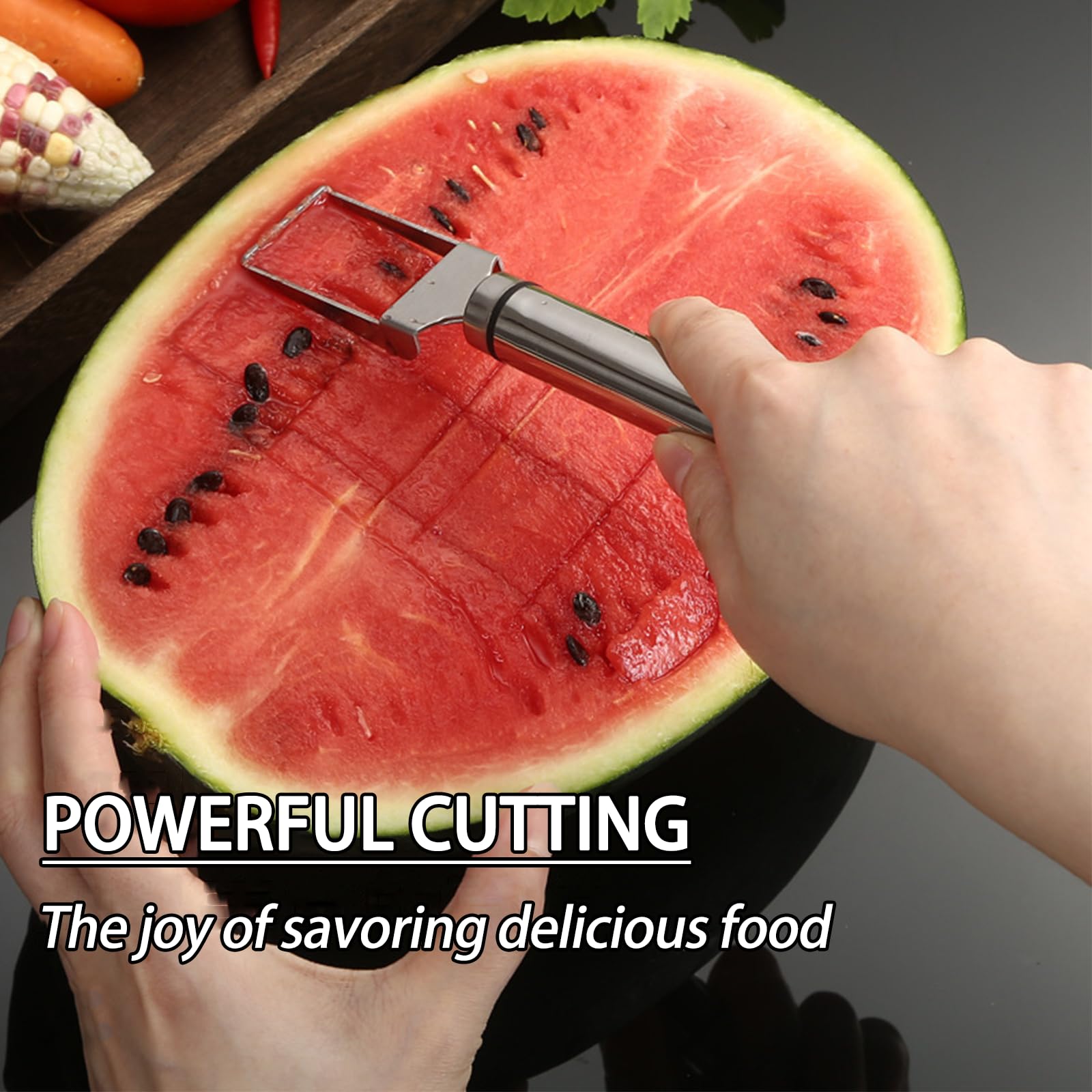 2pcs Stainless Steel Fruit Cutter, Watermelon Fork Slicer Cutter, 2 in 1 Cutting Tool for Kitchen Camping Party, Sanding Texture. Comfortable Grip, Smooth and Polished (2 Upgraded)