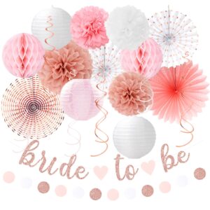 light-pink rose-gold bachelorette party-decorations - 21pcs baby bridal shower banner garland, bride to be paper streamers lanterns,flower tissue pom poms fan supplies,wedding backdrop decor huglony