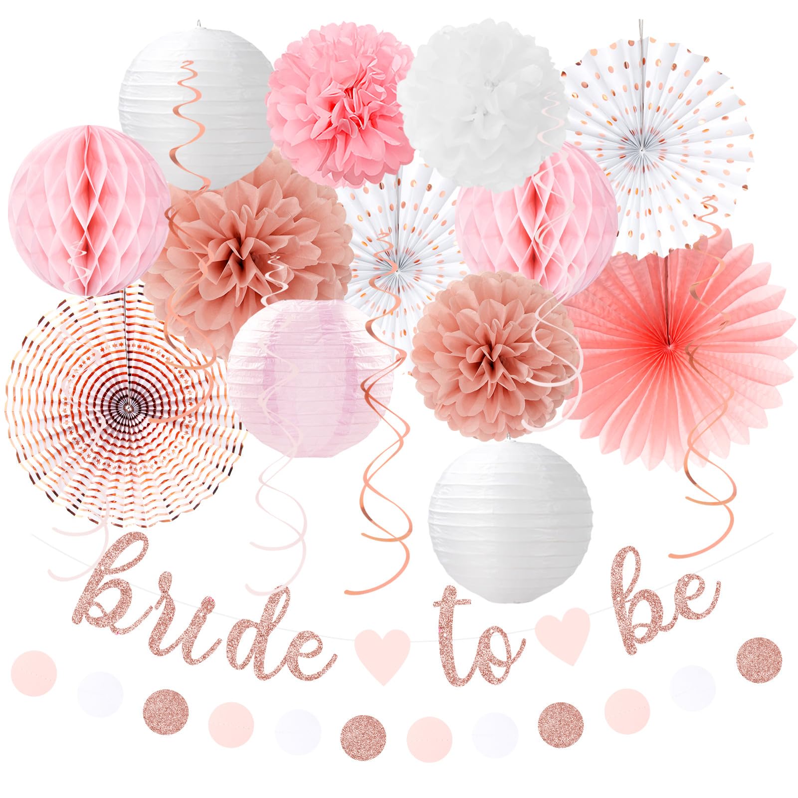 Light-Pink Rose-Gold Bachelorette Party-Decorations - 21pcs Baby Bridal Shower Banner Garland, Bride To Be Paper Streamers Lanterns,flower Tissue Pom Poms Fan Supplies,Wedding Backdrop Decor Huglony