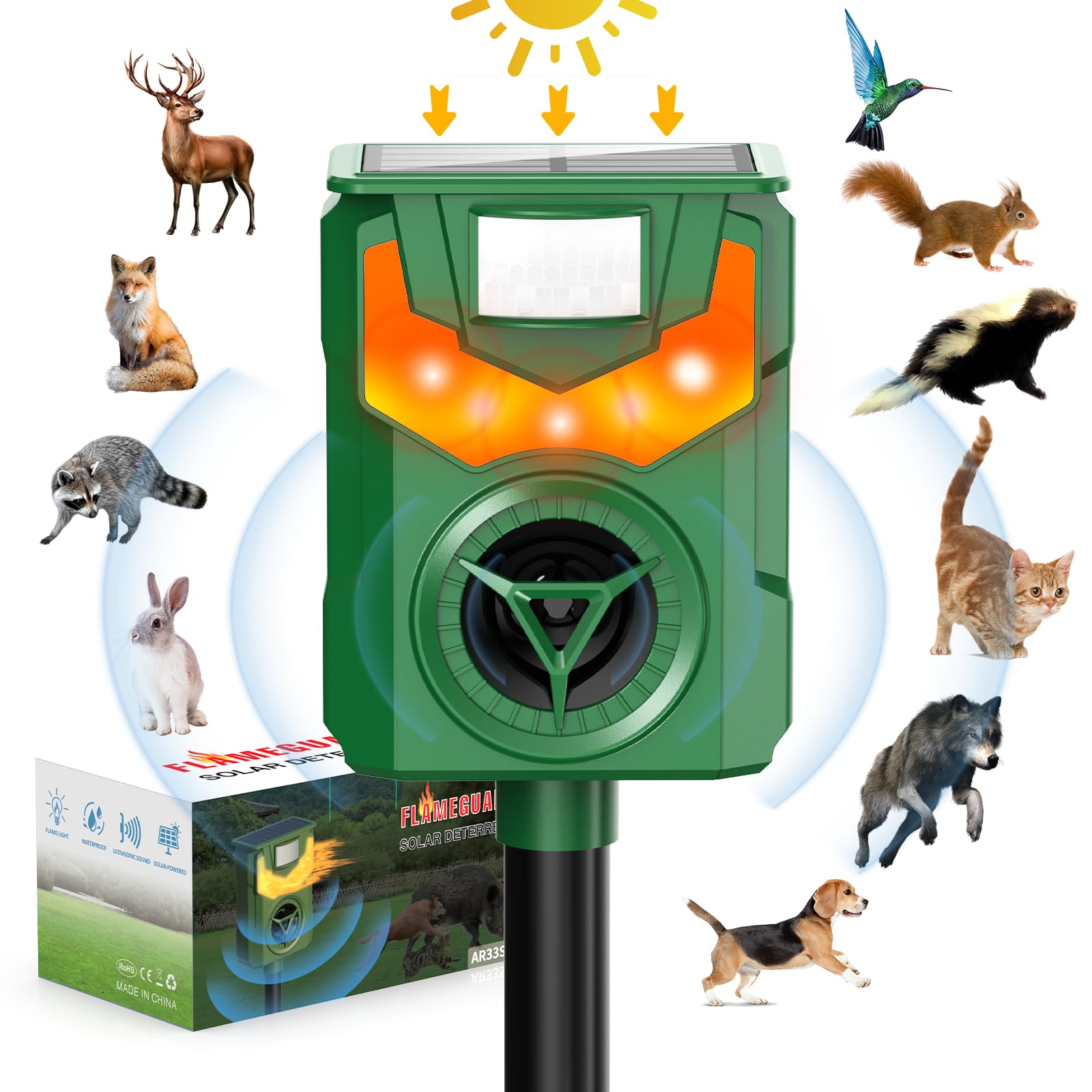 Solar Powered Ultrasonic Animal Repeller, Outdoor Cat Repeller, Flaming Eye Alarm, Animal Repeller with Sensitive Motion Sensor for Yard Repelling Cat,Dog, Bird, Rabbit, Skunk, Squirrel and Deer