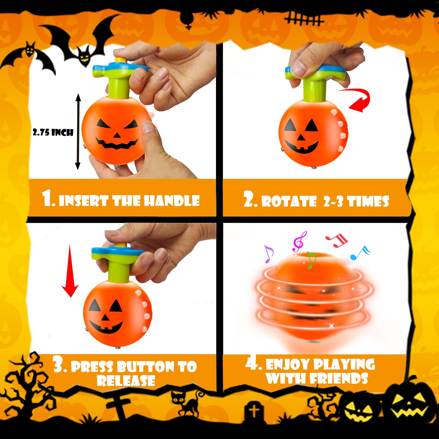 Halloween Basket Goodie Bag Stuffer Fillers for Kids, 4 Pack Pumpkin Light Up Spinning Top Toys Gifts for Toddlers, Halloween Treats Non Candy Birthday Party Favors, Classroom Prizes for Boys Girls