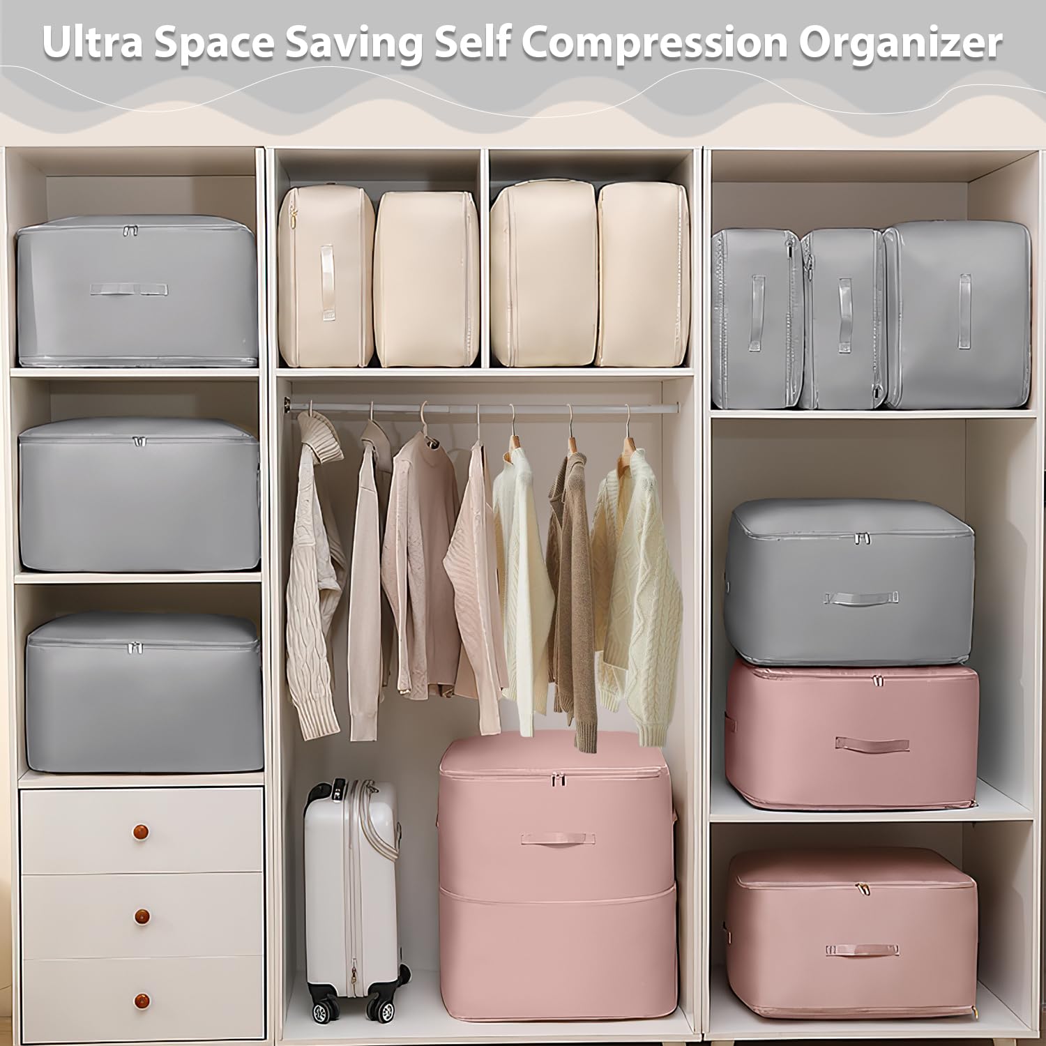 Generic Ultra Space Saving Self Compression Organizer,Clothes Compression Bag,Compression Organizer for Blankets,Moving Organizer Bags for Comforters, Clothes, Blankets (Grey，Large)