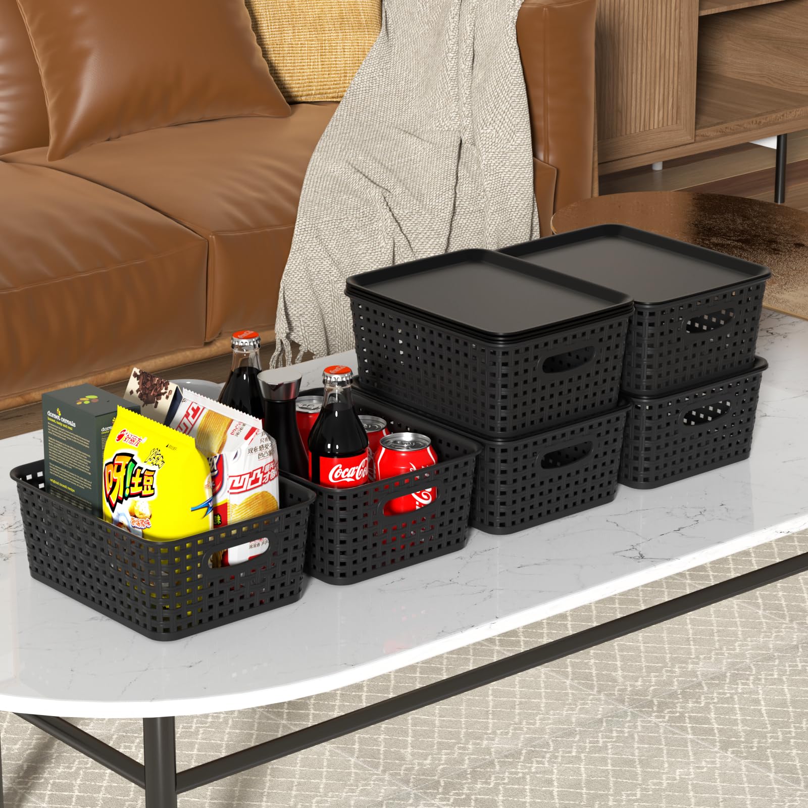 Waikhomes 6 Pack Plastic Storage Baskets Bins with Lid, Stackable Lidded Storage Containers for Organizing, Black