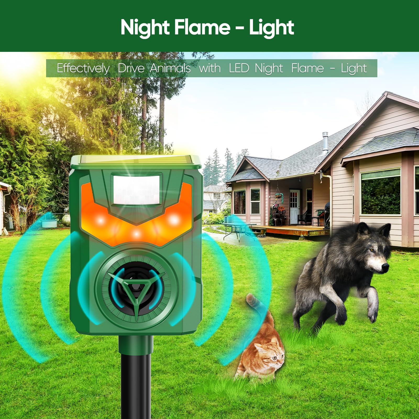 Solar Powered Ultrasonic Animal Repeller, Outdoor Cat Repeller, Flaming Eye Alarm, Animal Repeller with Sensitive Motion Sensor for Yard Repelling Cat,Dog, Bird, Rabbit, Skunk, Squirrel and Deer