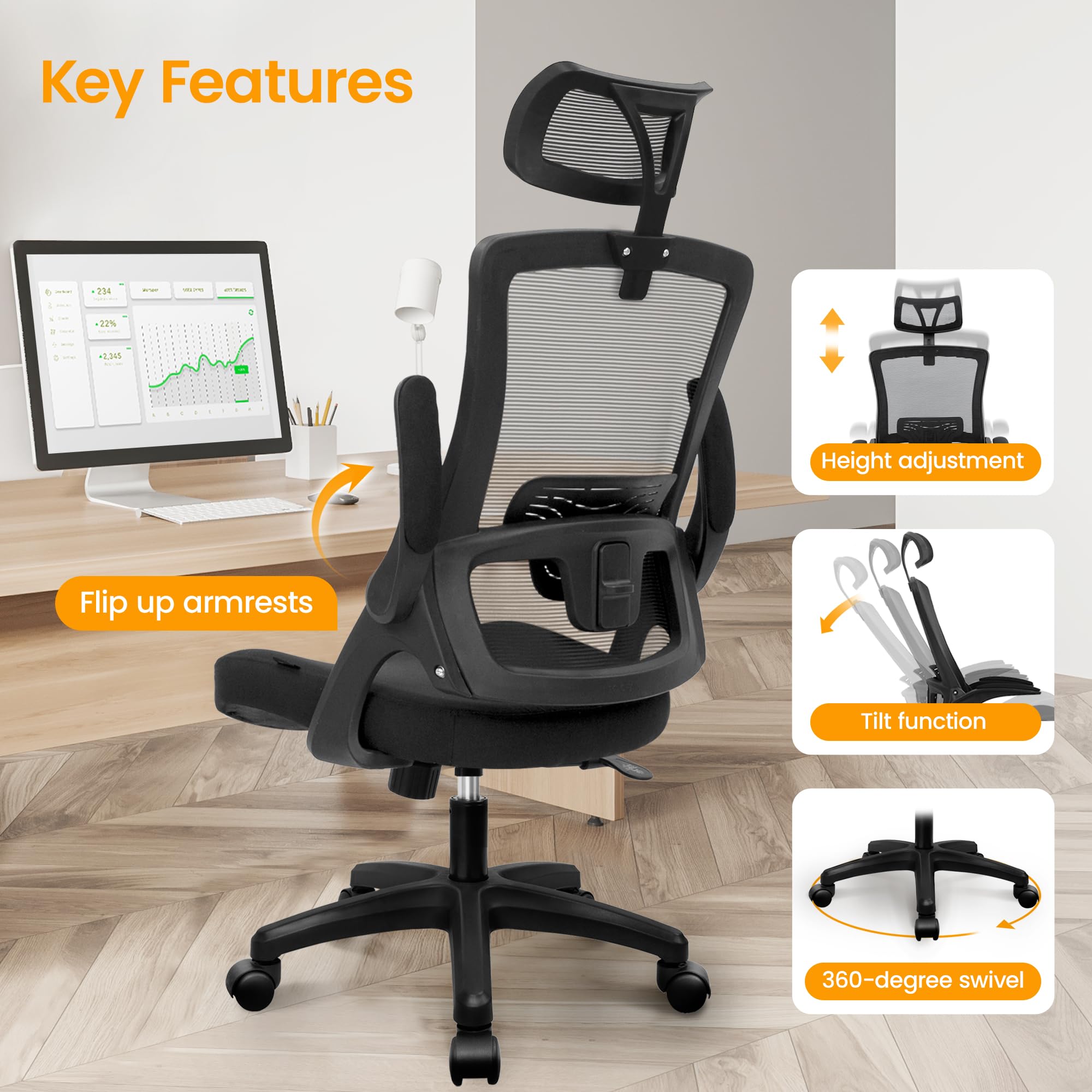 NEO CHAIR Ergonomic Office Desk Chair High Back Computer Gaming Mesh Chair with Comfy Task Adjustable Arms Lumbar Support Headrest Swivel for Home Office (Black)