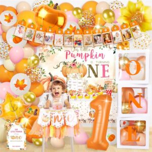 movinpe pumpkin 1st birthday decorations, little pumpkin first birthday decor party supplies, autumn fall little pumpkin turning one halloween thanksgiving first birthday decor