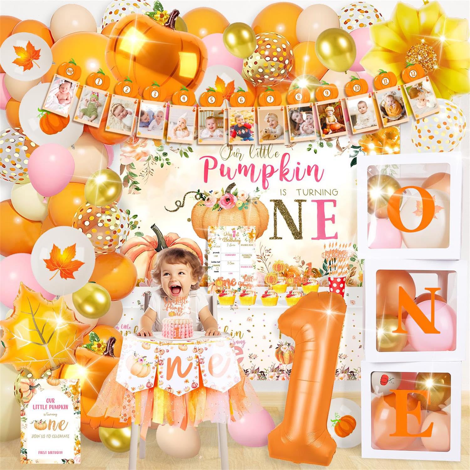 MOVINPE Pumpkin 1st Birthday Decorations, Little Pumpkin First Birthday decor Party Supplies, Autumn Fall Little Pumpkin Turning One Halloween Thanksgiving First Birthday Decor