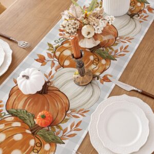 Romanstile Pumpkin Leaves Fall Table Runner, Buffalo Plaid Autumn Thanksgiving Harvest Farmhouse Style Table Decoration for Dining, Party, Holiday - 13x72 Inch, Grey Blue