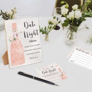 Date Night Ideas for Couples, Bridal Shower Games Date Night Sign, 1 Wooden Sign with 50 Cards, Floral Wishes Advice Game for Wedding, Bachelorette Party Night, Engagement Decoration