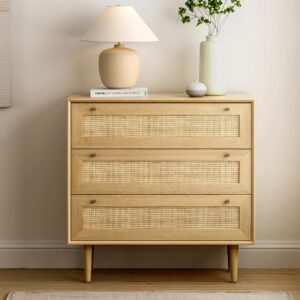 EYYTHUNG 3 Drawer Dresser for Bedroom, Rattan Modern Dresser Wood Chest of Drawers with Metal Handles,Boho Wood Storage Cabinets Corner Bedside Table for Bedroom, Living Room, Entryway, Hallway