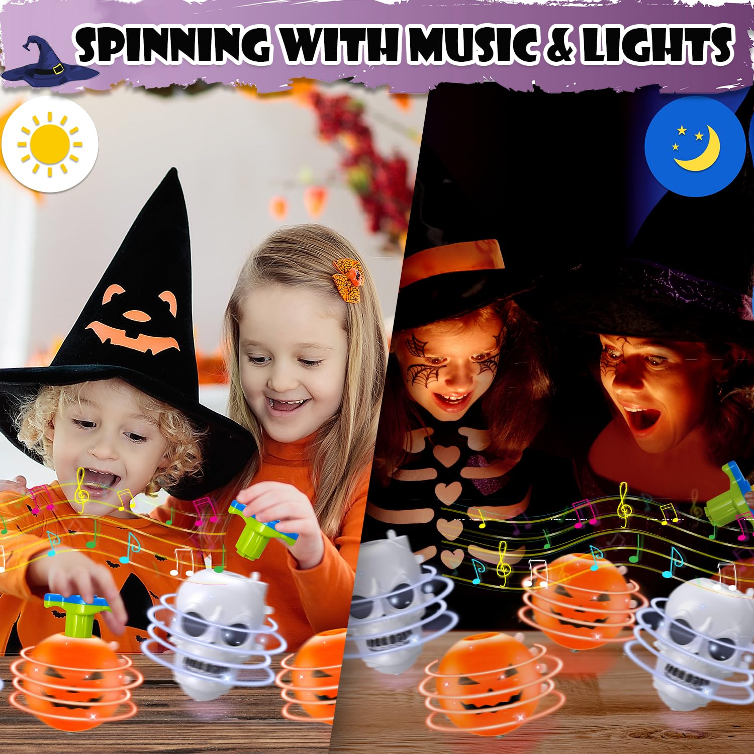 Halloween Treats Non Candy for Kids,4 Pack Halloween Light Up Spinning Tops Toys Gifts for Toddlers,Halloween Party Favors Boo Basket Goodie Bag Stuffer Fillers,Birthday Classroom Prizes for Boys Girl