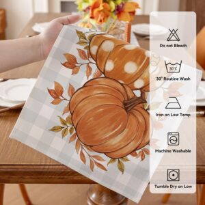 Romanstile Pumpkin Leaves Fall Table Runner, Buffalo Plaid Autumn Thanksgiving Harvest Farmhouse Style Table Decoration for Dining, Party, Holiday - 13x72 Inch, Grey Blue