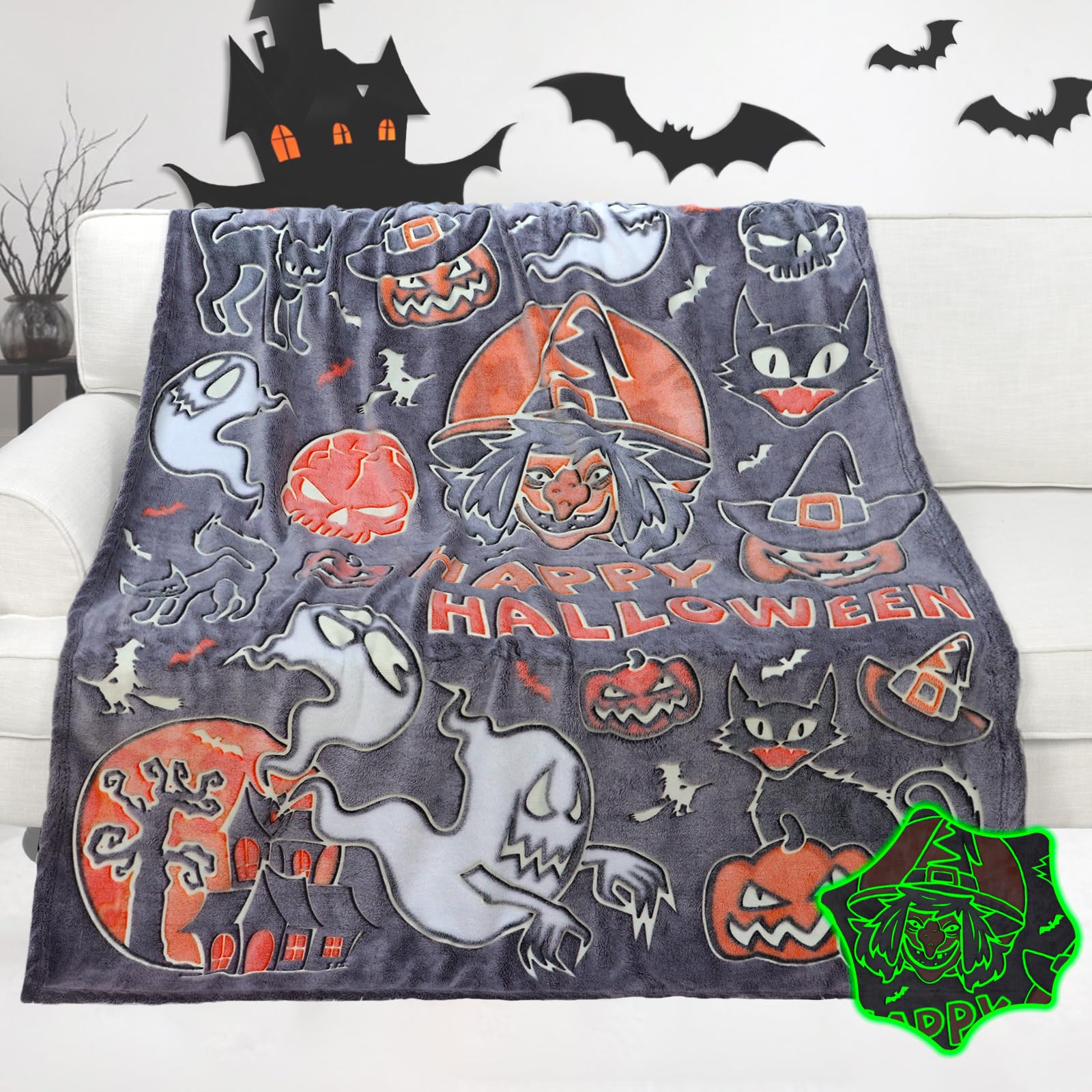 IEOEO Witchy Halloween Blanket Glow in The Dark Blanket for Kids Women Adults Pumpkins Halloween Decorations for Bedroom