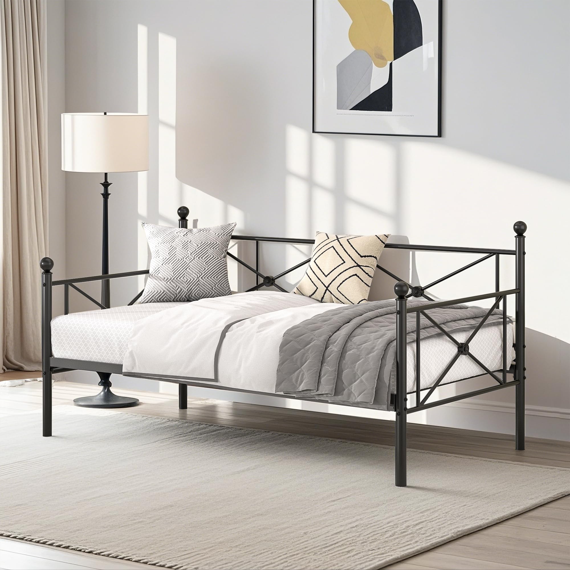 VECELO Twin Daybed with Headboard, Heavy-Duty Metal Slats Support, Sofa Bed Platform Mattress Foundation for Living Room, Guest Room, Easy Assembly, Black