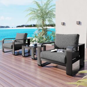 merax 3-pieces aluminum frame patio furniture set with 6.7" thick cushion chair and coffee table, all-weather use outdoor olefin fabric chairset