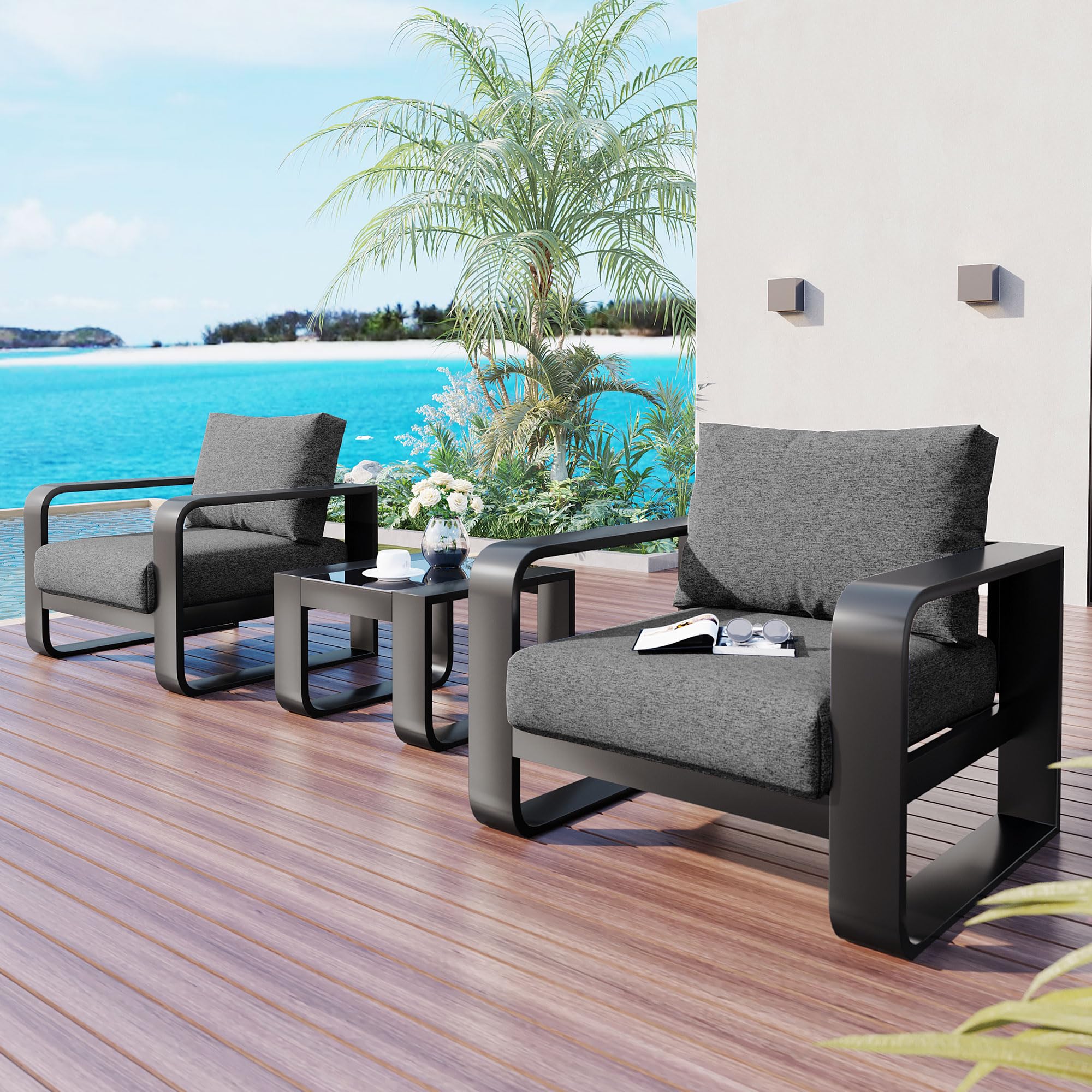 Merax 3-Pieces Aluminum Frame Patio Furniture Set with 6.7" Thick Cushion Chair and Coffee Table, All-Weather Use Outdoor Olefin Fabric ChairSet