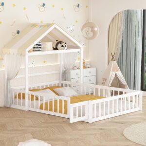 merax full size montessori floor bed with fence and door for children girls boys, wood bed frame with full-length guardrails and detachable house-shaped headboard,no weight limit, kids playroom, white