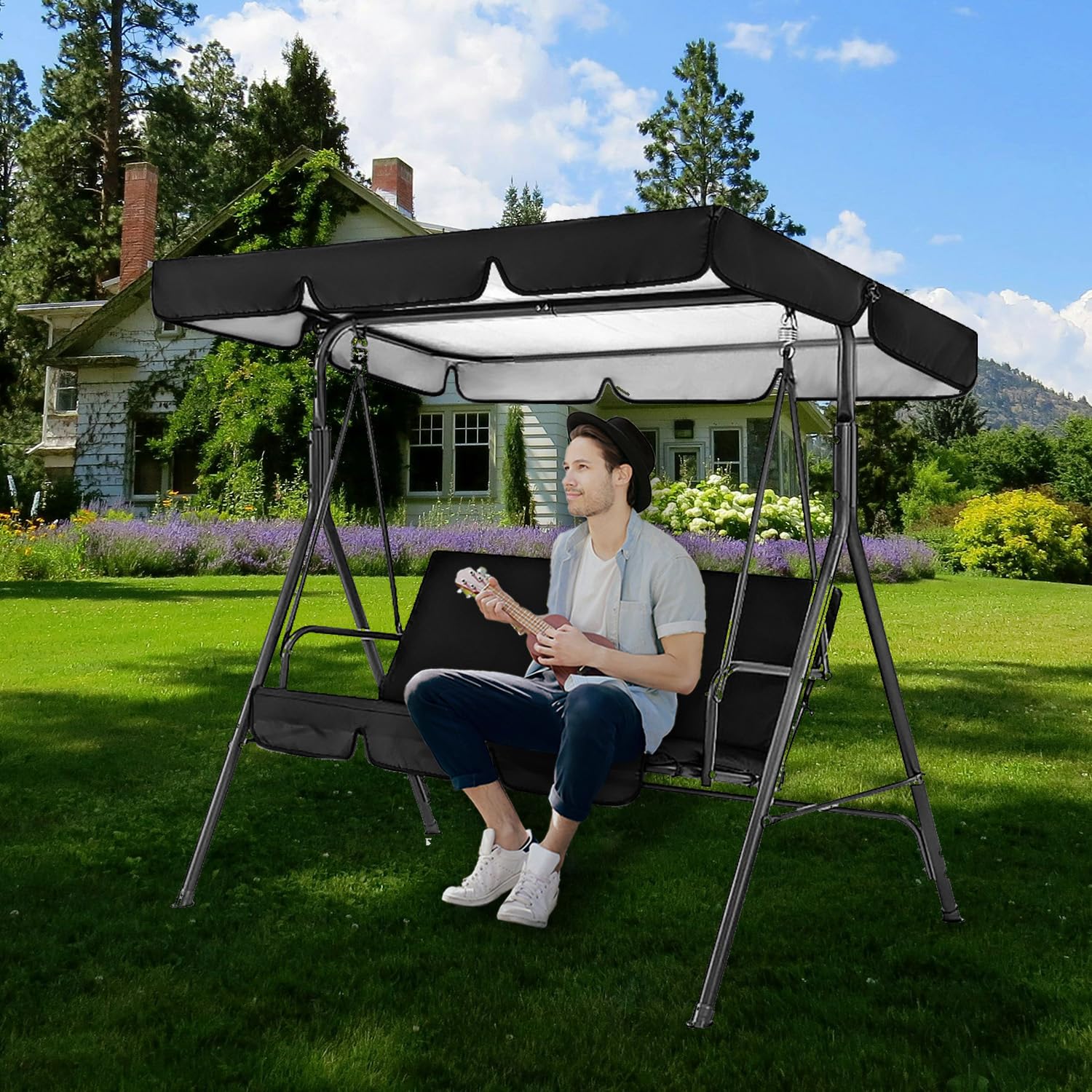 Swing Canopy Replacement for Outdoor Patio Swing Chair 2/3 Seater Waterproof Porch Swing Seat Canopy Cover Garden Hammock Top Cover for Seat Furniture, Canopy only (Black, 65x45×5.9 Inch)