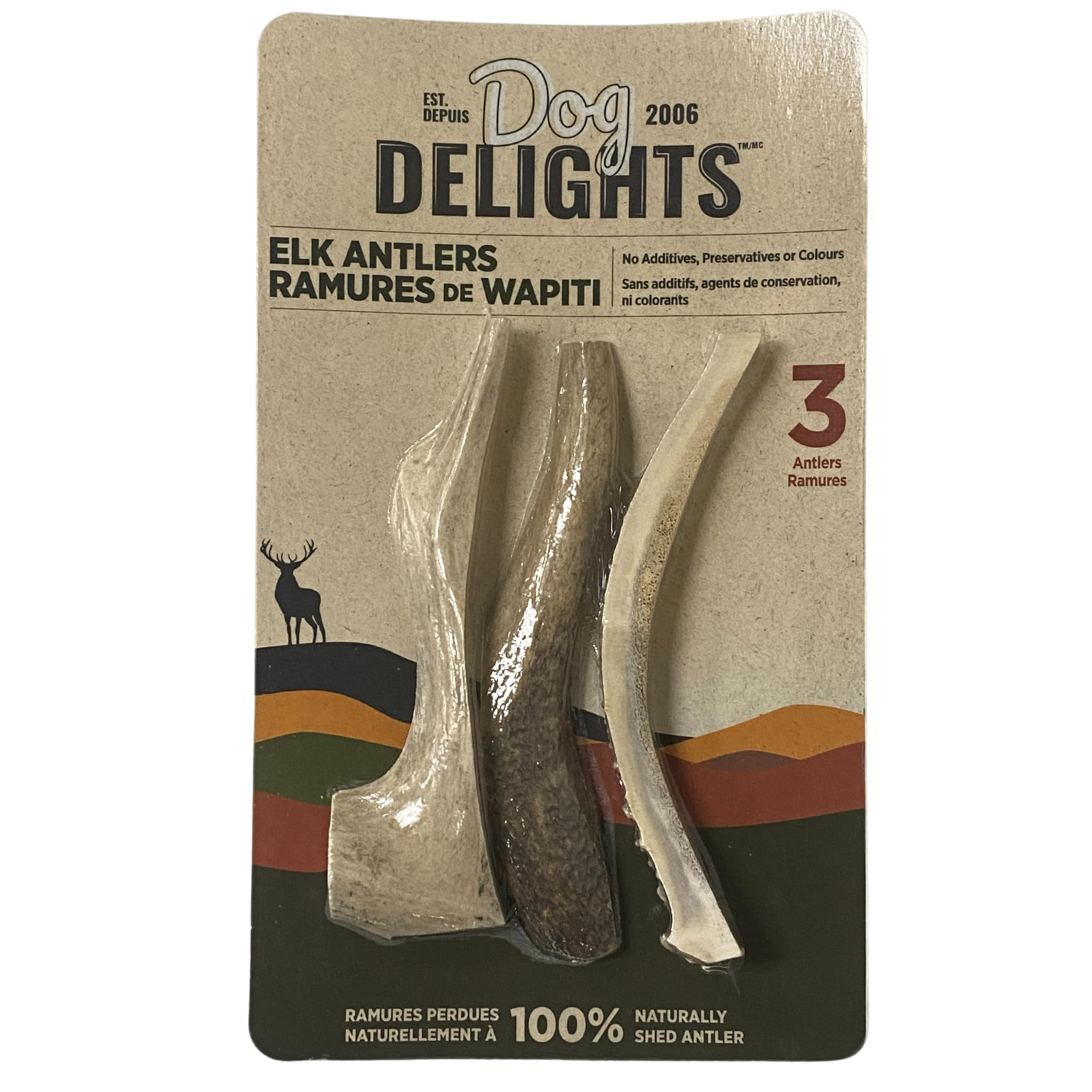 Dog Delights 3-Pack Elk Antlers Dog Treats – Long-Lasting Chews, Naturally Shed, Supports Dental Health & Provides Essential Minerals - from Canada