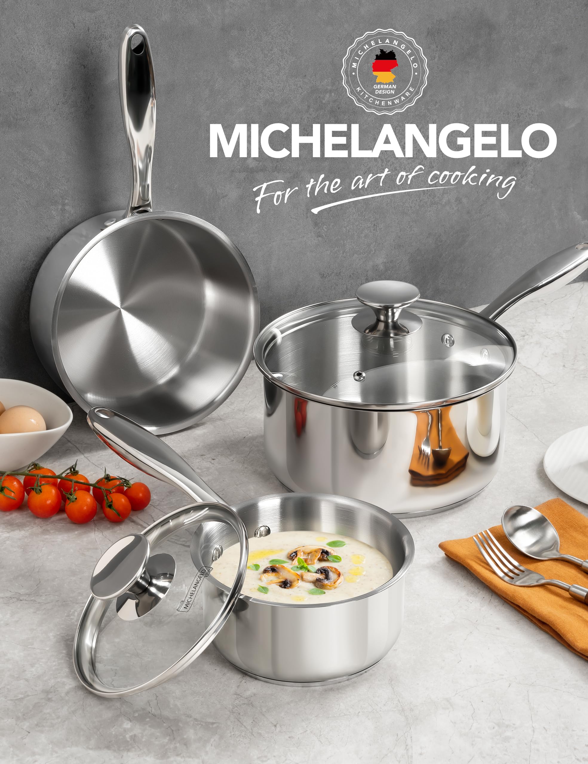 MICHELANGELO Stainless Steel Sauce Pan Set - 1, 2, 3 Qt Saucepans with Lids, Small Stainless Steel Pots for Cooking, Induction Compatible, Dishwasher & Oven Safe