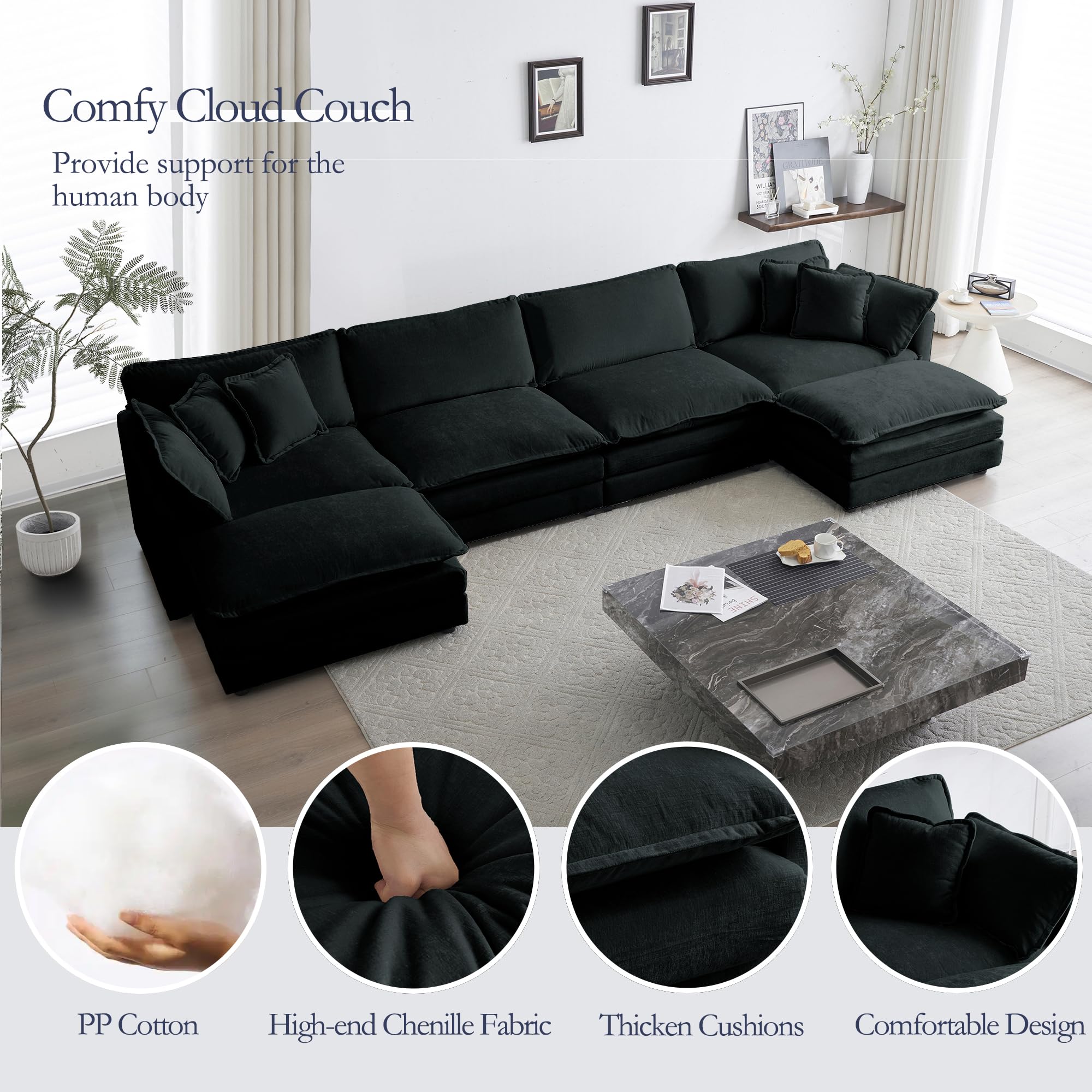 GNIXUU 146“ Oversized Modular Sectional Sofa Cloud Couch for Living Room, Modern Chenille Large U Shaped Couch, Comfy Deep Seat Couch with Reversible Chaise & Cushions(6 Seater, Black)