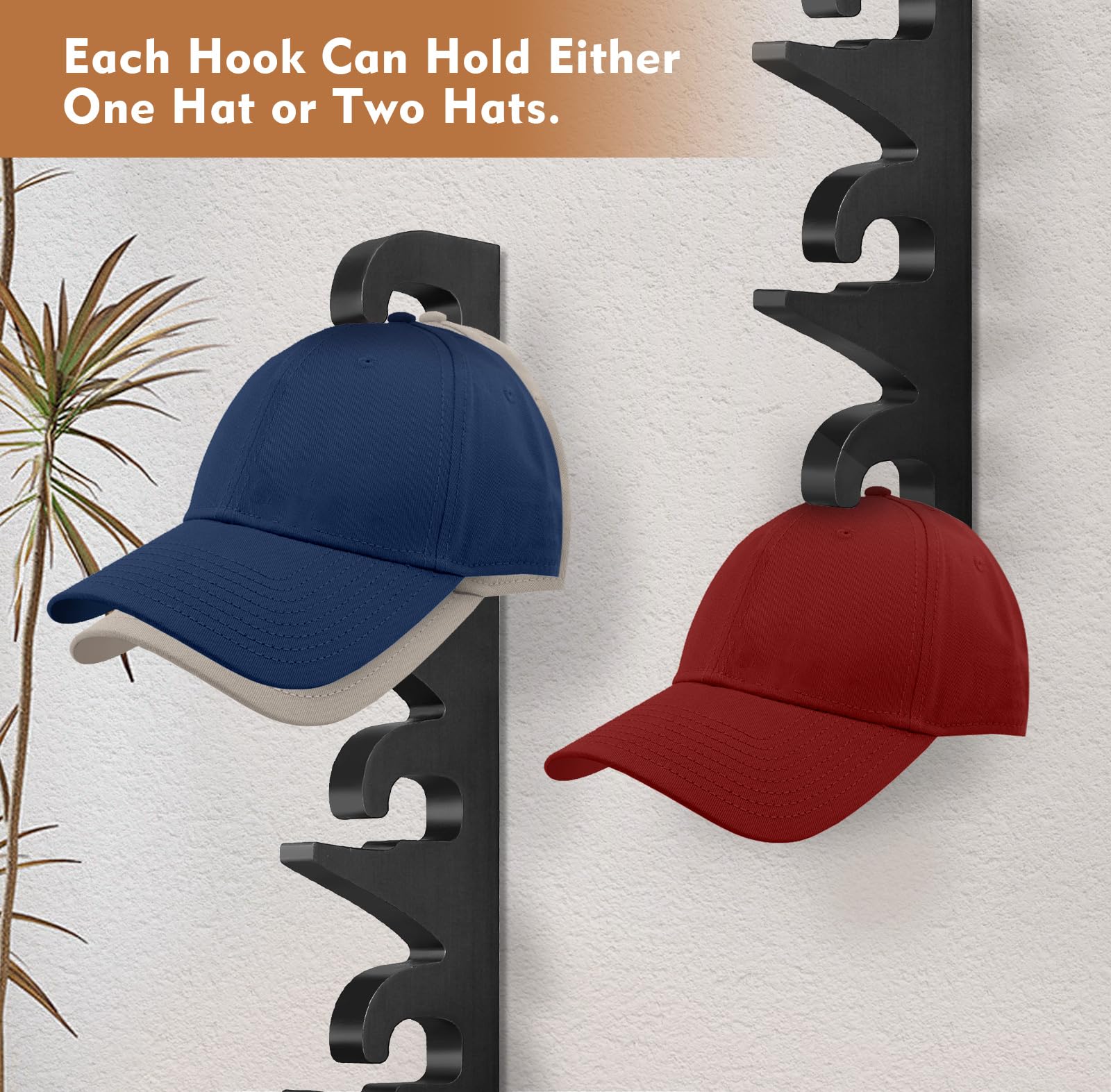 Hat Rack Hat Organizer for Baseball Caps Wood Hat Storage Hat Hooks for Wall Baseball Hat Storage Organizer Hat Display Up to 20 Hats for Closet Wall, Set of 2