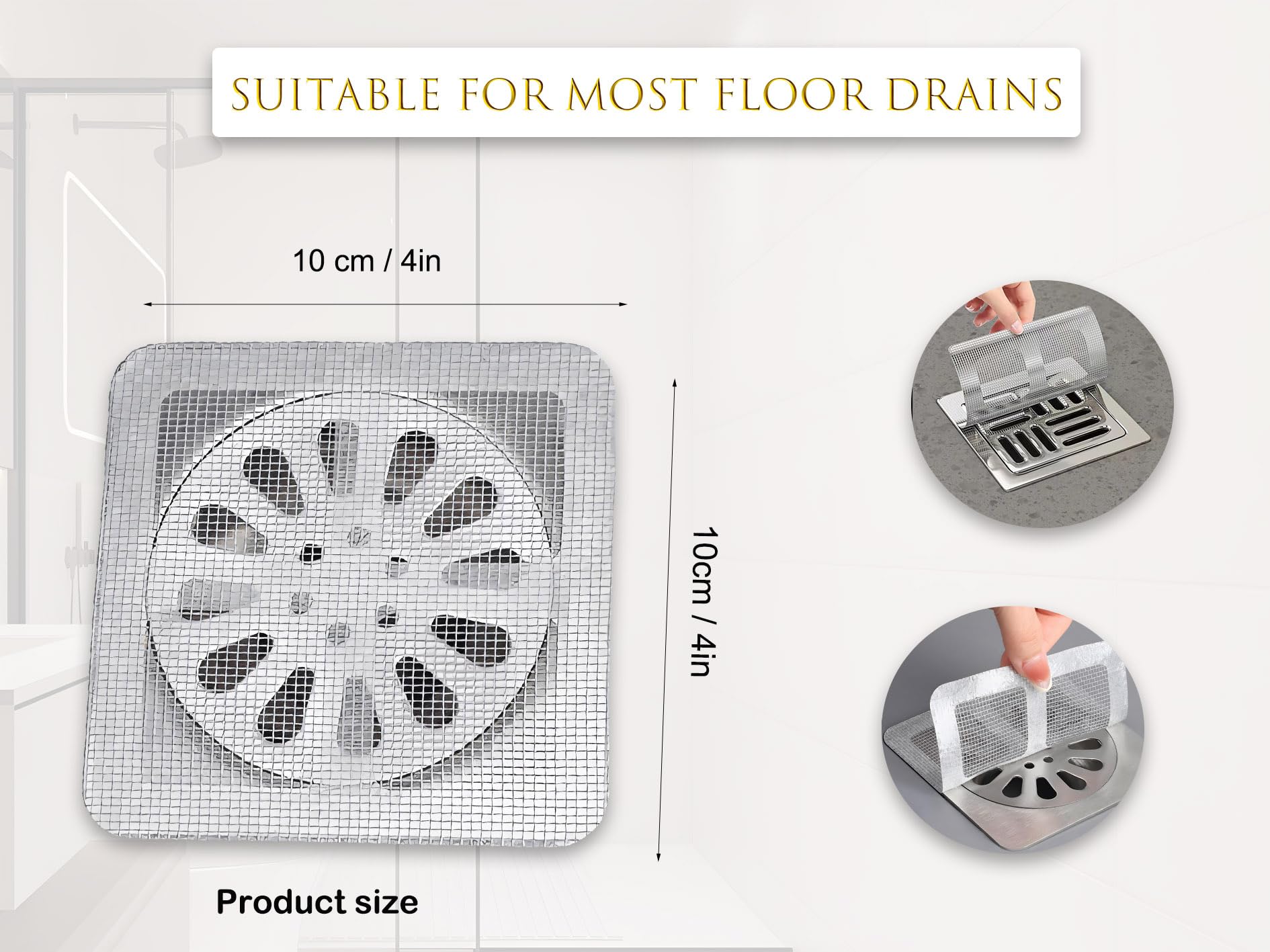 30PCS Pack 4" X 4" Disposable Shower Drain Hair Catcher, Floor Drain Sticker, Bathroom,Bathtub,Sink, Kitchen,Drain Mesh Cover,Drain Mesh Strainer