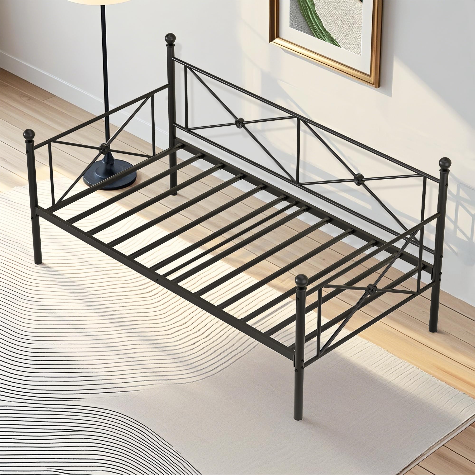 VECELO Twin Daybed with Headboard, Heavy-Duty Metal Slats Support, Sofa Bed Platform Mattress Foundation for Living Room, Guest Room, Easy Assembly, Black