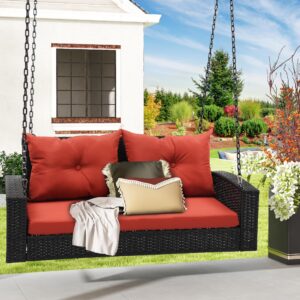 dwvo 2-seats wicker hanging porch swing chair outdoor black rattan patio swing lounge w/ 2 back cushions capacity 530lbs for garden, balcony, living room, red