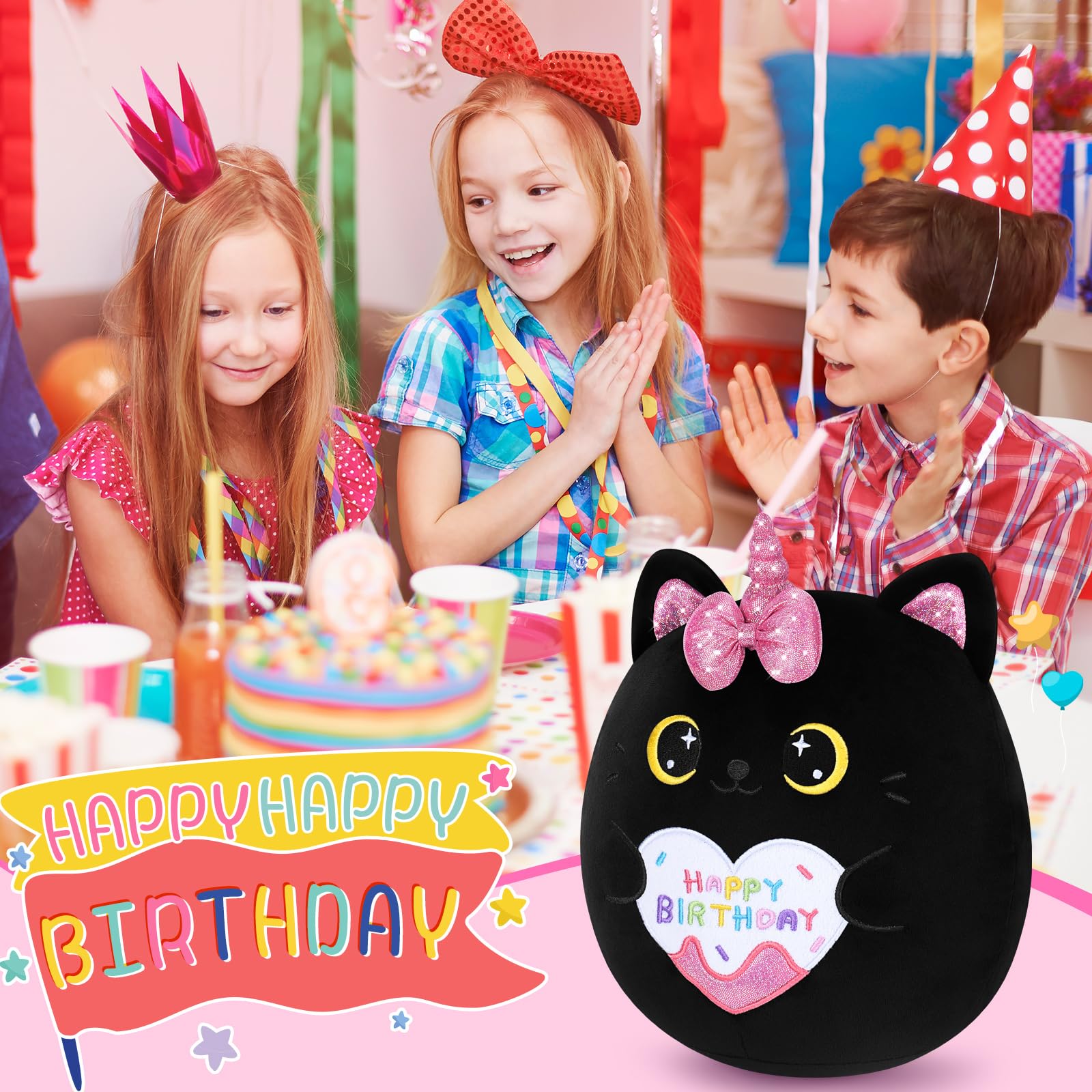 Happy Birthday Gift Black Cat Plush Toys-11'' Black Cat Plushies Anime Plush-Kawaii Birthday Plushie Stuffed Animals Cute Plushies, Black Cat Plush Pillow Cat Plushie Birthday Gifts for Kids