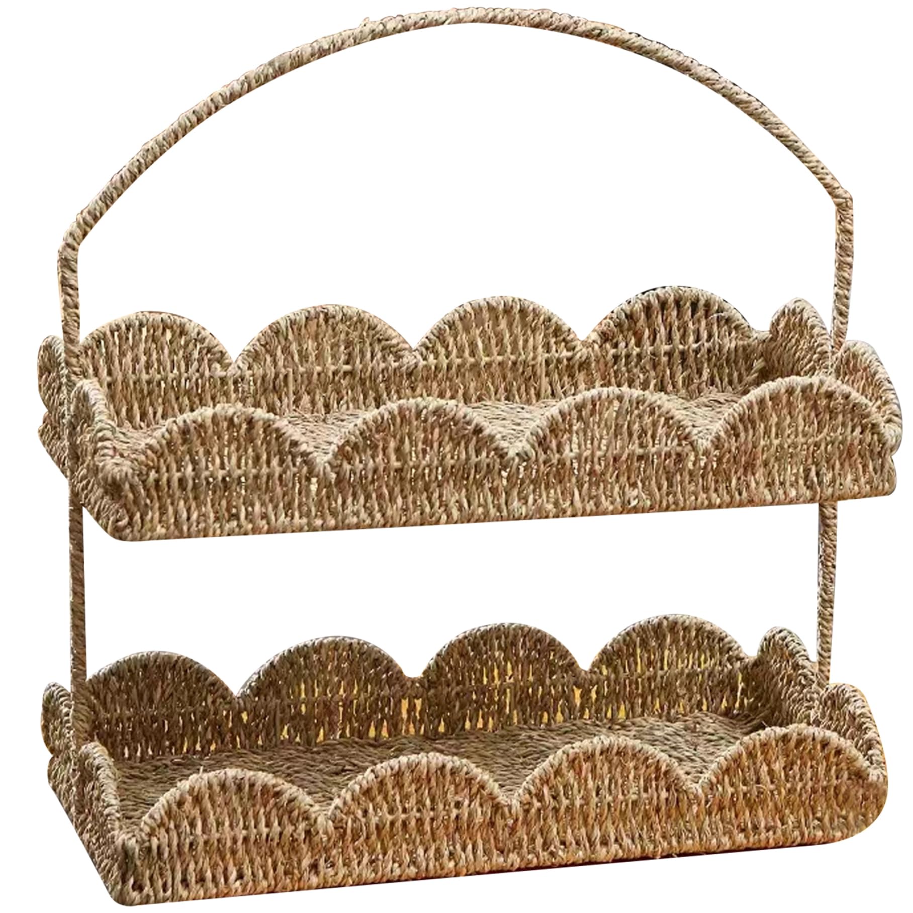 Seagrass Baskets 2 Layers Scalloped Basket Tray with Handle Rustic Decorative Woven Basket with Scalloped Edge Coffee Table Basket Organizer for Home Bedroom Living Room Organizing 15.6x7.9x9.8 Inch