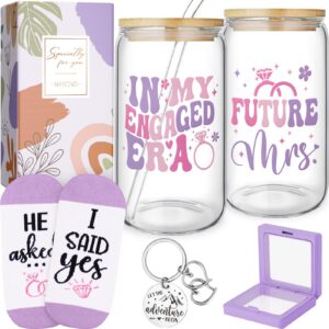 engagement gifts for her women, bridal shower gifts for bride to be, bachelorette gifts for bride future mrs, fiance gifts for women, newly engaged gifts basket w/ 16oz in my engaged era can glass cup