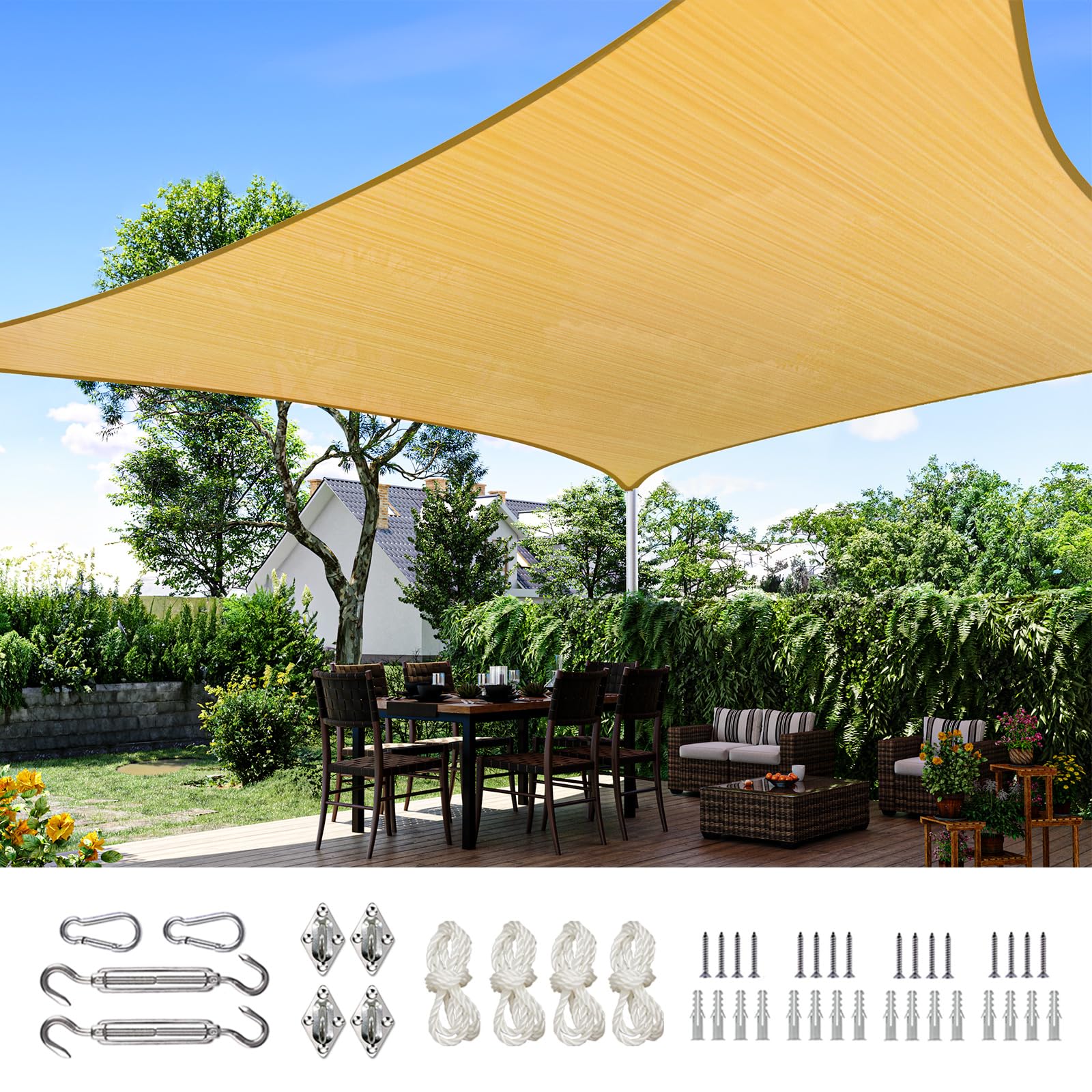 Quictent Sun Shade Sail Canopy 260GSM Polyester Fabric Shade Cloth for Outdoor Patio Backyard, Hardware Kit Included, 26X20 FT, Sand