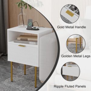 Modern Nightstand with Charging Station and LED Lights, White Nightstand with Drawer, Fluted Nightstand for Living Room, Bedroom