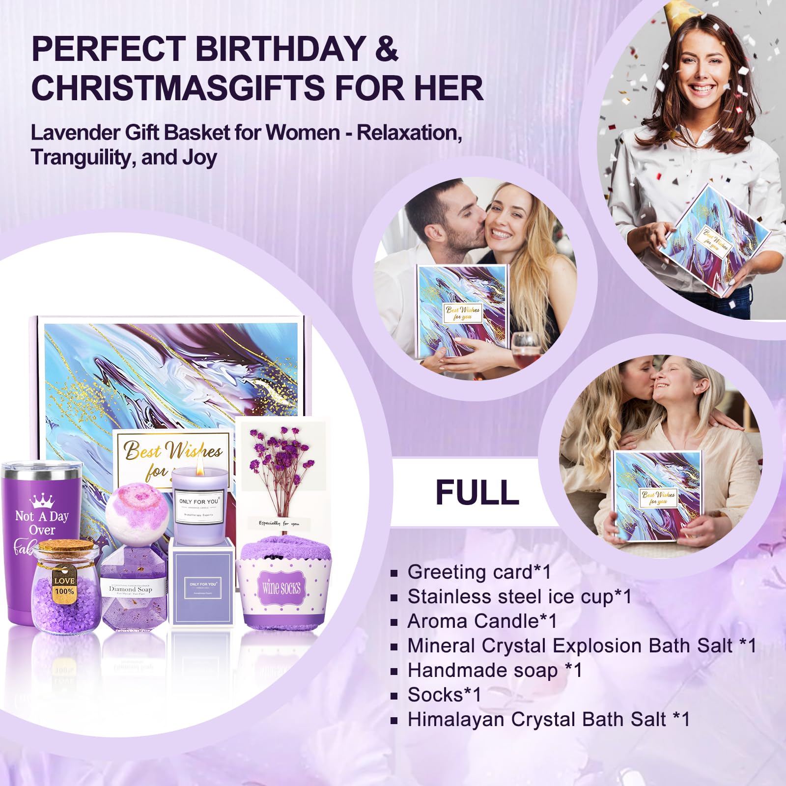 Birthday Gifts for Women Mom Wife Sister Girlfriend Her,Perfect Lavender Spa Gift Basket Set for Mothers Day Valentine's Day & Christmas | Premium Purple Happy Birthday Gift Box