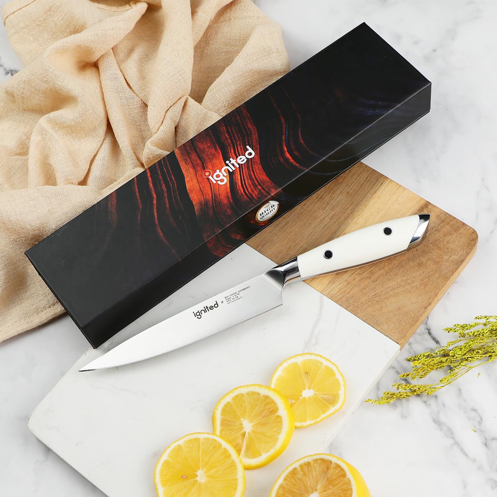 IGNITED CUTLERY 5 inch Paring Knife, German 1.4116 Stainless Steel Peeling Knife, Fruit Vegetable Knife with White ABS Handle, Razor Sharp Small Kitchen Knife with Gift Box