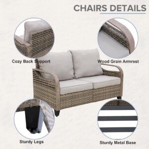 COOS BAY Wicker Outdoor Furniture Loveseat Sofa, Small Balcony Furniture Outdoor Loveseat 2 Seat Couch w/Cushions for Patio Backyard Deck Porch, Brown/Gray