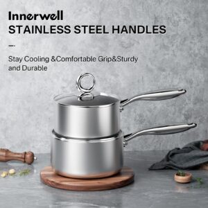 Innerwell Stainless Steel Sauce Pan with Lid 2Qt Nonstick Ceramics Sauce Pot Kitchen Cooking Pot Tri-Ply Stainless Steel Sauce Pan Compatible W/All Cooktops