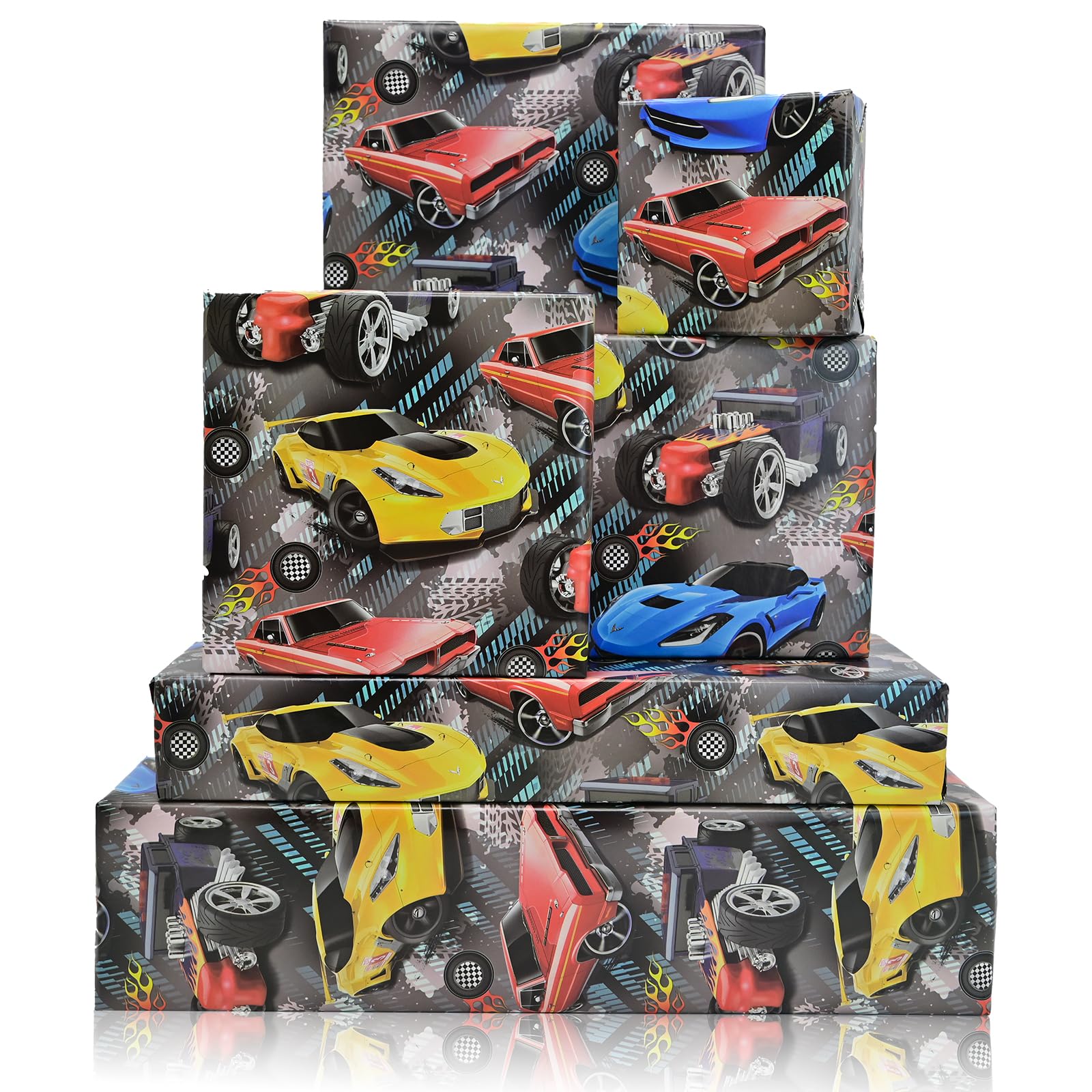 NARCSCHICHU 6 Sheets Racing Car Wrapping Paper - Boys Birthday Gift Wrapping Paper for Kids Bday Baby Shower Racing Theme Party - 20 X 28 Inches Per Sheet