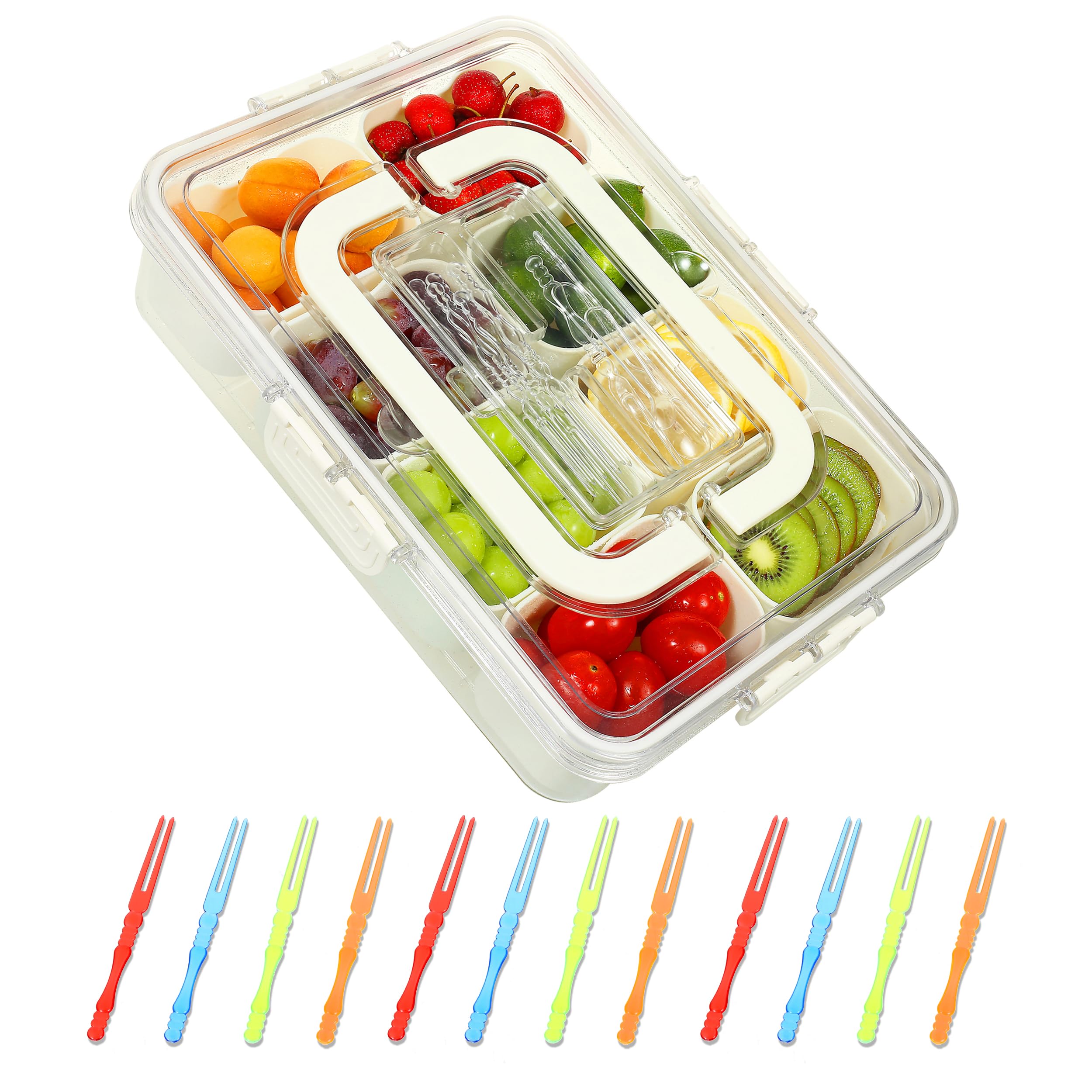 Divided Serving Tray with Lid and Handle, Snackle Box Charcuterie Container with 8 Compartments & 80 Fruit Forks and 2 Serving Spoons, Snack Container Snack Box for Party, Fruit, Picnic,1 Pack