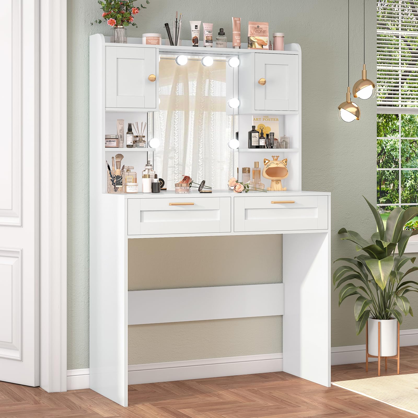 usikey Vanity Desk with Mirror and Lights, Makeup Vanity Table with 2 Drawers, 2 Cabinets & 2 Shelves, Vanity Desk, Vanity Table for Girls Women, Bedroom, White