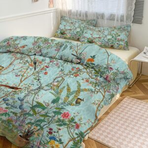 msshukytt abstract william morris floral bird duvet cover set 3 piece queen size,rustic mid century spring garden green leaves florals bedding set 2 pillow sham(no insert)